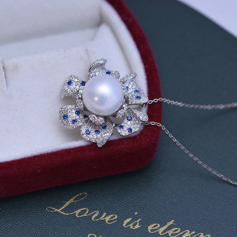 11-12mm Freshwater Pearl &  Full CZ Blue Gem Necklace - House Of Pearls
